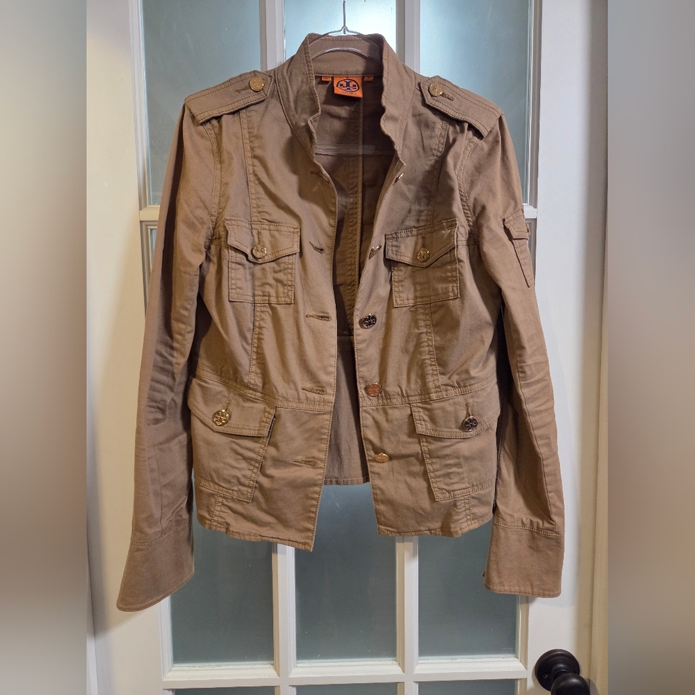 Tory Burch Khaki Utility Military Style Jacket with Gold Buttons